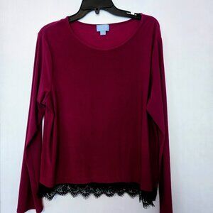 CeCe dark burgundy L/S top with black lace Size XL NWOT
